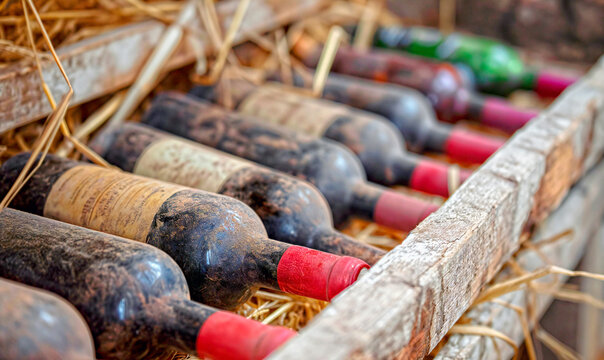 Bottles of wine lie on a shelf with hay close-up. The concept of winemaking and restaurant business.