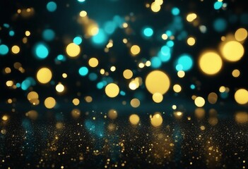 Fototapeta na wymiar Glitter vintage lights background gold blue and black de-focused blurred yellow and cyan glow sparks