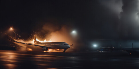 plane crash, plane burns in stormy sky, emergency landing of plane.