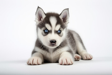 husky puppy with blue eyes on a white background. a dog, a pet.