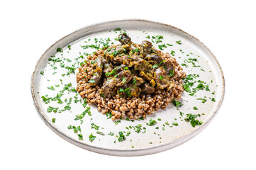 Stewed chicken stomachs with vegetables and buckwheat on a plate.  Isolated, Transparent background. 