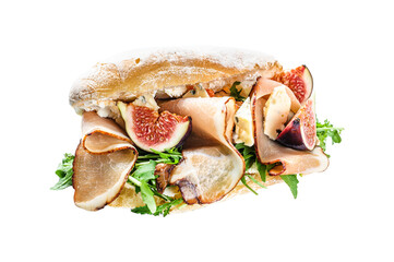Ciabatta sandwich with arugula, fig, prosciutto and blue cheese.  Isolated, Transparent background. 