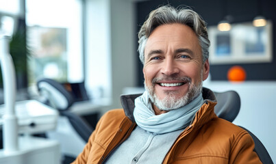 Confident mature man with a charming smile relaxing in a modern dental clinic chair, portraying dental care and healthy lifestyle for seniors