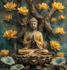 Fototapeta premium newbuddhaism art print buddha in tree with yellow lotus flower, in the style of intricately detailed patterns