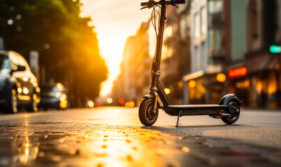 Person commuting on an eco-friendly electric scooter on a sunny urban city street, showcasing sustainable transportation and modern lifestyle