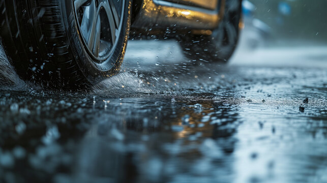 Close up of car wheels on a wet slippery asphalt road