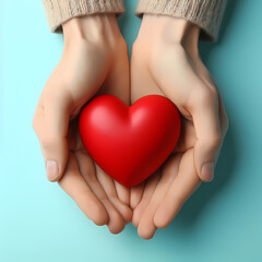 hands holding red heart on aqua background, heart health, donation, CSR concept, world heart day, world health day, family day, wellness, hope and gratitude, compliment dayconcept