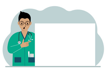 A male doctor in a lab coat is holding a large piece of paper. The doctor points to a blank piece of paper to write on your personal message or advice.