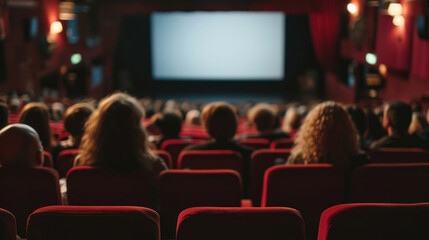 Audience is seated in a cinema with a focus on the back of their heads, looking towards a blank movie screen with red seats and atmospheric lighting.