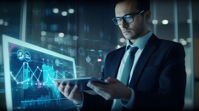 businessman using a tablet to analyze complex data sets in real-time - Powered by Adobe