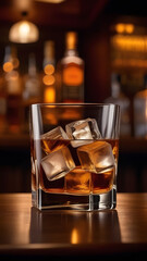 Whiskey with ice stands on a wooden table in a bar