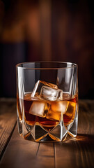 Whiskey with ice on a wooden table. Copy space