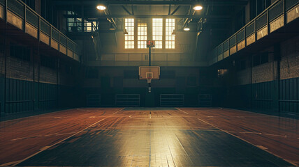 an old basketball gymnasium in dramatic floodlighting. a college or university gymnasium. Generative AI - Powered by Adobe