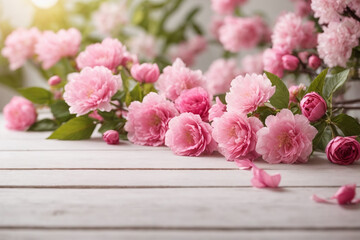 pink roses on wooden table background