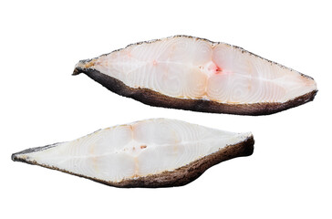 Raw fresh steak fish halibut on the stone table.  Isolated, Transparent background. 
