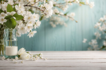 white cherry blossom and wooden background.