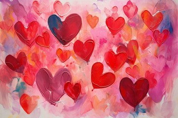 Artistic painting of heart shapes in pink and red on canvas for a Valentine's Day greeting card. Generative AI