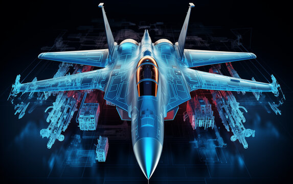 Wireframe air force fighter with arms isolated on a black background