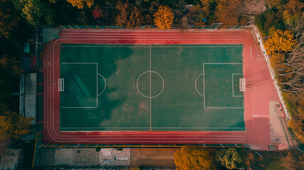 An aerial view of an abandoned soccer field among the trees. nostalgia for training. Generative AI