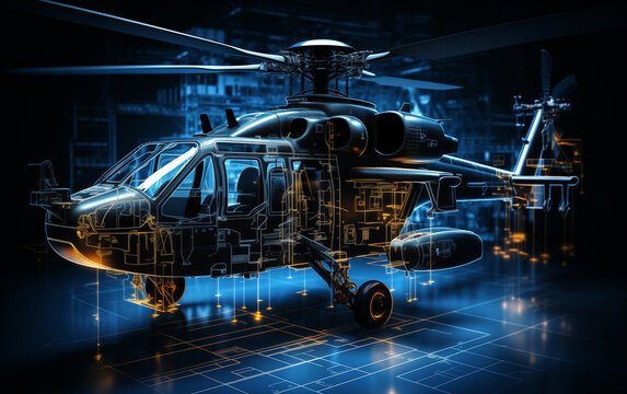 Wireframe army helicopter isolated on a black background