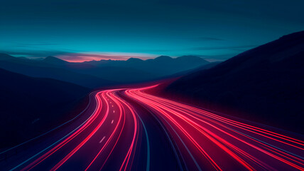 A turn of the night highway among the mountains and hills. long exposure photo turns the light from the cars off the line. dinomic and colorful scene. Generative AI