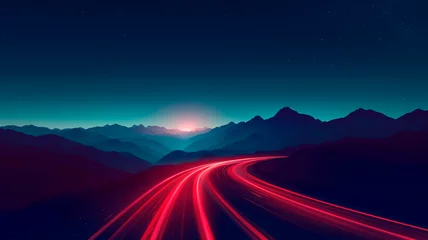 Gordijnen A turn of the night highway among the mountains and hills. long exposure photo turns the light from the cars off the line. dinomic and colorful scene. Generative AI © Юрий Маслов