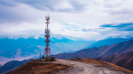 cell towers in hard-to-reach places, high in the mountains. communication technologies. cellular network coverage. Generative AI