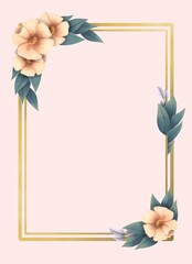 Postal con marco dorado y flores ilustradas color rosa con hojas verdes, fondo rosa, tarjeta ilustrada para el día internacional de la mujer, invitación para boda, postal para el día de las madres