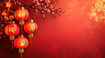 Beautiful red Chinese lanterns adorned with gold designs and plum blossoms against a red and gold textured backdrop, symbolizing prosperity and spring.