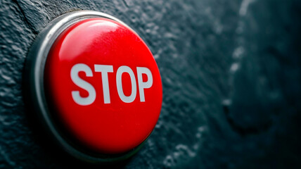 A large red button with the word "Stop" written on it, close-up on a black background. illustration of decision-making to stop an action. Generative AI
