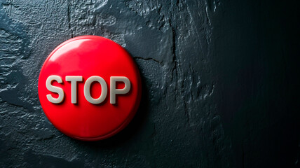 A large red button with the word "Stop" written on it, close-up on a black background. illustration of decision-making to stop an action. Generative AI
