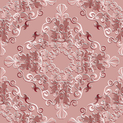 Beautiful textured emboss floral pink 3d Paisley seamless pattern. Arabesque vector embossed relief background. Repeat surface backdrop. Vintage flowers, leaves, swirl lines textured Damask ornaments