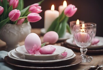 Obraz na płótnie Canvas egg tulips candle toned setting table three Easter pink Spring