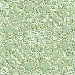 Floral embossed 3d seamless pattern. Patterned surface emboss background. Greek meander round mandala. Vector repeat relief arabesque ornaments. Floral design with flowers, leaves, swirl lines, dots