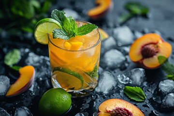 Cocktail with peach-mint and lime and ice cubes