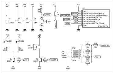 Technical schematic diagram of electronic device.
Vector drawing electrical circuit with 
integrated circuit, capacitor, resistor,
controller, led, transistor, other electronic components.