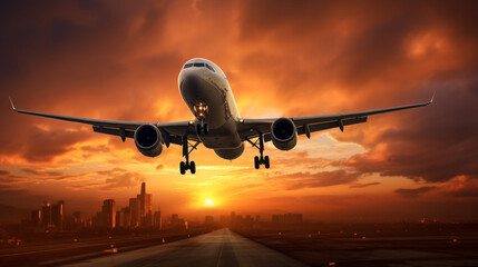 Fototapeta premium airplane landing at sunset