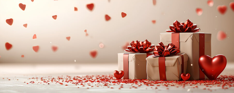 gifts and red hearts in watercolor style with copyspace, valentine day