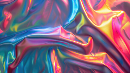 Close-up of a dynamic and colorful holographic silk fabric texture with a fluid, reflective surface creating a visual spectacle.