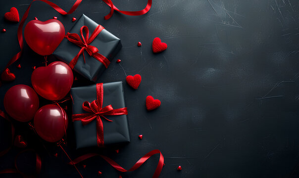 valentine gifts and red hearts with baloons on black background, valentines day