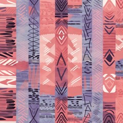 Coral, slate, and lilac seamless African pattern, tribal motifs grunge texture on textile background