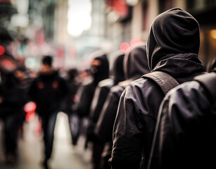 Group of hooded youth gathering at a street protest