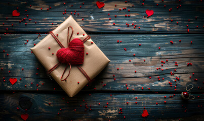 Wrapped gift with heart on rustic wooden surface - Powered by Adobe