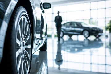 New car in dealership dealer talking to customer buyer salesman chat talk deal client manager discussion successful transportation services retail buying new vehicle rent leasing sale showroom store