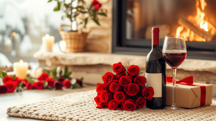 Naklejka na ściany i meble a surprise for the woman you love. A bouquet of roses, a gift, a bottle of wine stands on a light carpet against the background of a burning fireplace and candles. 