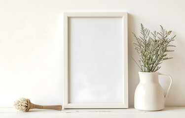 Wooden table with empty white frames over white wall