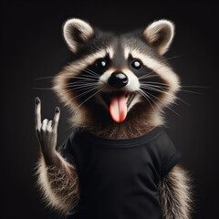 Funny Raccoon showing tongue, with black t-shirt, making a signal, high quality portrait, isolated black background.