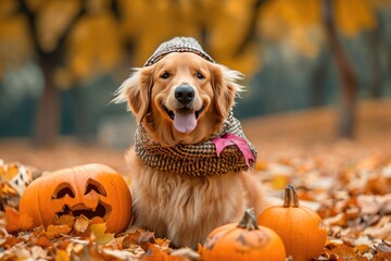 playful dog in a Halloween costume with pumpkins and fall leaves Cute Halloween puppy