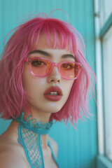 Young pretty caucasian generation z woman with pink hair in fashion pink wig and sunglasses on pastel blue background. Hairstyle or make-up fashion portrait. Vogue concept.