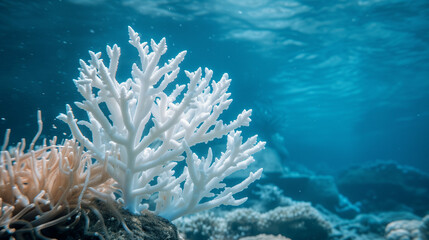 Fototapeta na wymiar Pristine white coral underwater showcasing marine biodiversity, ideal for educational content and environmental websites.